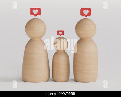 figure di legno PEG bambola di membri della famiglia su tavolo di legno, relazione di famiglia, casa di famiglia, cura di promozione, concetto di sostegno di carità senza tetto, menta famiglia Foto Stock