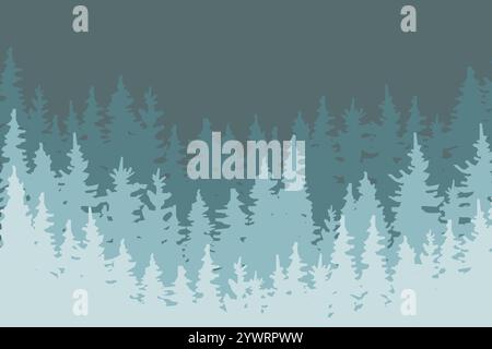 Sfumare i livelli di foresta. Silhouette di alberi Evergreen. Sfondo blu naturale. Calmare la scena vettoriale. Illustrazione Vettoriale