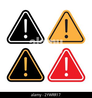 Segnali di avvertimento triangolari. Simboli dei punti esclamativi. Icone colorate di pericolo. Design vettoriale di sicurezza. Illustrazione Vettoriale