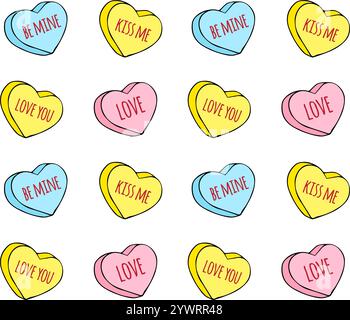 Motivo vettoriale senza cuciture di doodle disegnato a mano, cuori di caramelle di san valentino con testo amoroso isolato su sfondo bianco Illustrazione Vettoriale