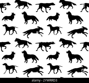 Motivo vettoriale senza cuciture di diversi cani con silhouette nera isolata su sfondo bianco Illustrazione Vettoriale
