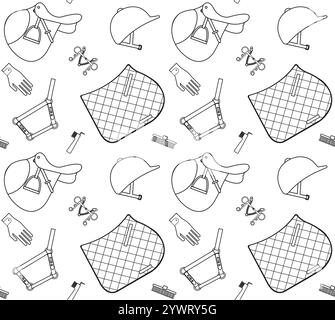 Motivo vettoriale senza cuciture di contorno nero piatto equipaggiamento sportivo per equitazione isolato su sfondo bianco Illustrazione Vettoriale