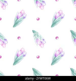 Mazzi di tulipani rosa e lilla con perline motivo senza cuciture isolato con acquerello. Disegna a mano delicate illustrazioni di fiori pastello per San Valentino, design, tessuto e confezioni per la festa della mamma e della donna. Foto Stock