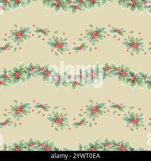 Motivo natalizio senza cuciture con agrifoglio, frutti di bosco, foglie, coni e rami di abete rosso. Illustrazione ad acquerello invernale disegnata a mano su beige per il nuovo anno, carta da imballaggio, tessuto e design. Foto Stock
