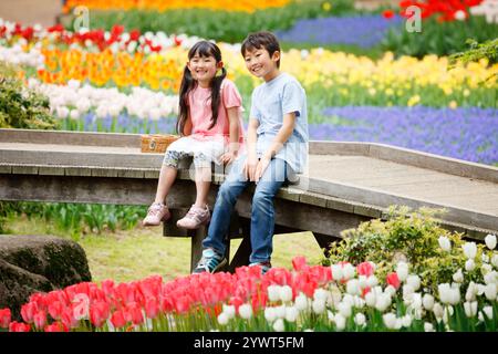 Tulipani in piena fioritura e un fratello e una sorella seduti su un ponte Foto Stock