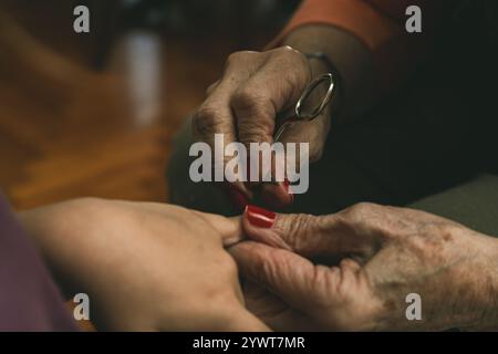 Una nipote e sua nonna si tagliano le unghie Foto Stock