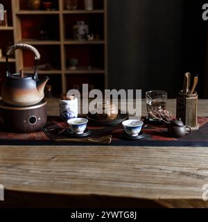 Un ambiente da tè sereno e invitante con una tradizionale teiera accompagnata da eleganti tazze Foto Stock