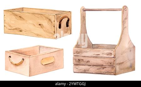 Scatole di legno in stile provenzale. Clipart acquerello su sfondo bianco. Illustrazione disegnata a mano, design retrò. Un set di articoli da riporre. Foto Stock
