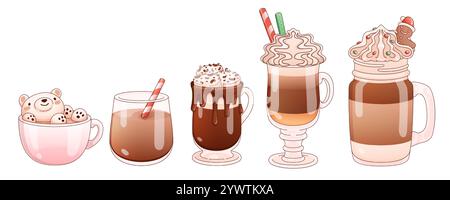 Collezione di cioccolata calda - simpatico marshmallow di orso, bevanda cremosa con paglia, cacao con panna montata, frullato di mocha a strati con schiuma, vetro decorato con pan di zenzero. Accoglienti bevande invernali. Illustrazione Vettoriale
