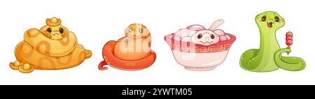 Carino set di personaggi di serpente zodiaco cinese: Pitone giallo con lingotti dorati, cobra che abbraccia frutta arancione, rettile rosa nel recipiente e serpente verde che tiene caramelle tanghulu. Design del nuovo anno lunare. Illustrazione Vettoriale