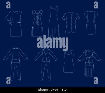 La collezione di abbigliamento femminile delinea linee blu. Illustrazione vettoriale Illustrazione Vettoriale