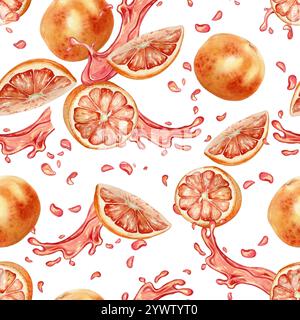 Metà di arance rosse, fette di succo d'acquerello motivo senza cuciture isolato su bianco. Frammenti di agrumi maturi disegnati a mano su consistenza ripetuta Foto Stock