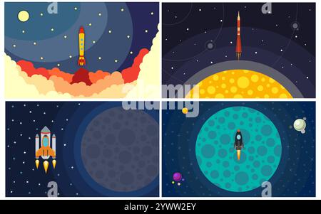 Set di quattro illustrazioni vettoriali con razzo volante. Viaggi nello spazio. Illustrazione Vettoriale