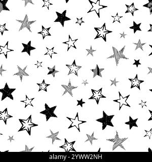 Sfondo perfetto di stelle doodle. Stelle nere disegnate a mano su sfondo bianco. Illustrazione vettoriale Illustrazione Vettoriale