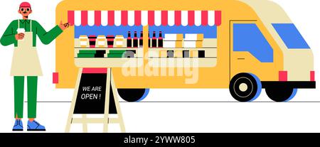 Food truck con fornitore maschile che serve i clienti nell'illustrazione Flat Vector che simboleggia Street Food, Mobile Dining e Culinary Creativity, isolato su Illustrazione Vettoriale