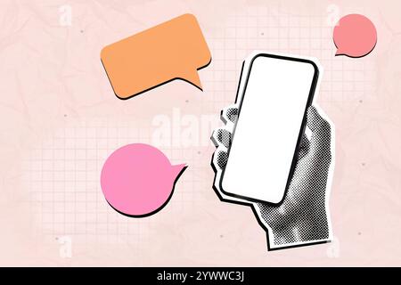 Collage di pensieri con lo smartphone in mano con bollicine vocali mezzitoni spazio creativo arti digitali prospettiva innovativa Foto Stock
