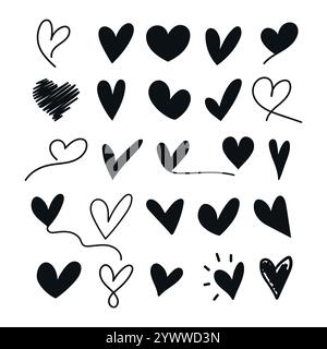 Collezione Vector Doodle Hearts. Set di simboli del cuore disegnati a mano Illustrazione Vettoriale