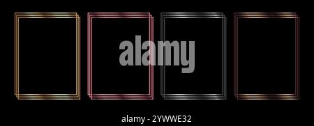 Set di cornici quadrate minimaliste in colori metallizzati. Bordi della cornice color oro, argento, bronzo e rosa per biglietti d'invito per il matrimonio. Il vettore Illustrazione Vettoriale
