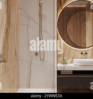 Visualizzazione in 3D di un bagno di lusso con toni chiari e caldi e quarziti bianchi Ebano e Domus Foto Stock