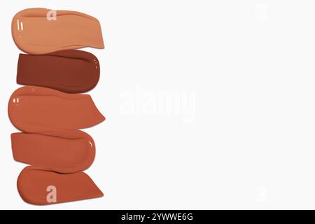 Composizione di strisci di fondazioni liquide in varie sfumature, tra cui toni chiari e scuri, isolati su uno sfondo chiaro. Foto Stock