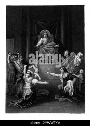 Illustrazione del giudizio di Salomone - due madri che vivevano nella stessa casa avevano ciascuno un figlio neonato uno era morto e ogni madre sosteneva la vita Foto Stock