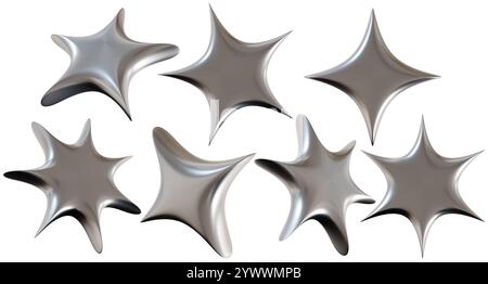Set di stelle cromate 3D dal design nitido e futuristico, isolate su sfondo bianco. Elementi metallici moderni, ritagliati. Stile Y2K, anni '2000 Elegante e. Foto Stock