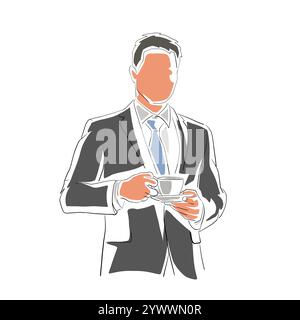 Pausa caffè, uomo d'affari in tuta che regge una tazza di caffè, illustrazione vettoriale isolata su sfondo bianco Illustrazione Vettoriale
