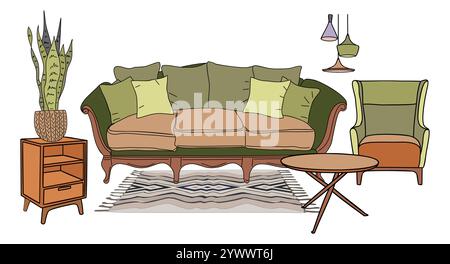 Interni accoglienti, divano, pianta Illustrazione Vettoriale
