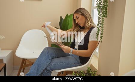 Donna bionda che parla al telefono mentre esamina un documento in una sala d'attesa con sedie bianche e piante verdi. Foto Stock