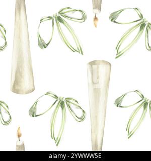 Un'atmosfera accogliente e avvolgente, con candelabro bianco e un elegante fiocco a righe. Sfondo con motivo ad acquerello per cartoleria, carta da parati, scrapbo Foto Stock