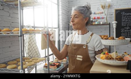 Donna che organizza dolci in un'accogliente panetteria, con prodotti da forno freschi in esposizione, circondata da un interno caldo e invitante, che mette in evidenza la sua competenza e. Foto Stock