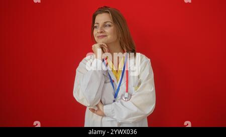 Una giovane, attraente e bionda dottoressa con un cappotto bianco con uno stetoscopio intorno al collo si trova in posizione sicura contro un dorso isolato rosso vivace Foto Stock