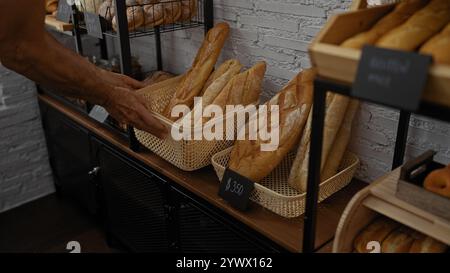 Uomo che mette le baguette fresche in cesti in una panetteria al coperto con una varietà di pane sugli scaffali. Foto Stock