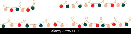 Luci di Natale impostate. Ghirlande circondate da lampadine circolari colorate. Decorazioni a corde natalizie brillanti con lampade retrò a sospensione per le vacanze Illustrazione Vettoriale