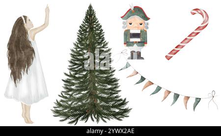 Set di acquerelli natalizi. Bambino disegnato a mano, albero di Natale, giocattoli sull'albero di Natale, Schiaccianoci, bandiere. Clip art Capodanno. Ideale per creare un saluto Foto Stock
