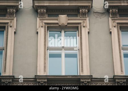 Vienna, Austria - 12 maggio 2019: Antica architettura di edifici residenziali. Architettura europea di edifici e appartamenti. Finestre bellissime Foto Stock