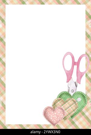 Cartolina pronta all'uso con forbici da cucire, 3 cuscini a forma di cuore e spille. Pois rosa, a righe, motivi a quadri. Illustrazione ad acquerello disegnata a mano Foto Stock