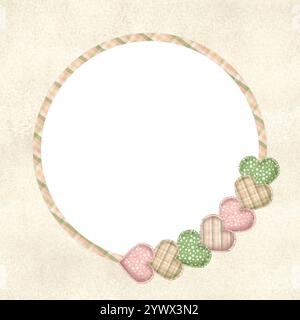 Cartolina pronta all'uso. Telaio a plaid circolare con cuscini a forma di cuore. Pois rosa, a righe, motivi a quadri. Sfondo color acquerello beige. Disegna a mano Foto Stock
