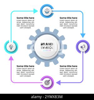 Modello infografico con icone e 4 opzioni o passaggi. Ingranaggio. Può essere utilizzato per il layout del flusso di lavoro, il diagramma, il banner, il webdesign. Illustrazione vettoriale Illustrazione Vettoriale