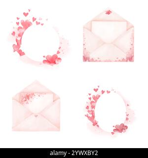 Graziose cornici a forma di cuore di San Valentino e buste rosa aperte con lettere nell'illustrazione digitale Set Watercolor. Elegant Card, cute Frame of Small Hearts, IS Foto Stock