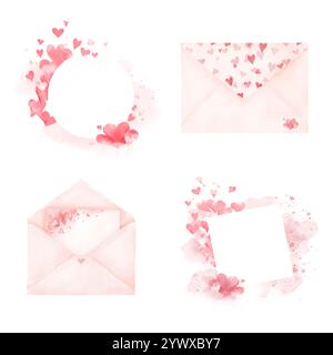 Graziose cornici a forma di cuore di San Valentino e buste rosa aperte con lettere nell'illustrazione digitale Set Watercolor. Elegant Card, cute Frame of Small Hearts, IS Foto Stock