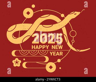 Biglietto di auguri o striscione di buon anno 2025. Illustrazione vettoriale. Cartello serpente avvolto su sfondo rosso. Simbolo zodiacale del capodanno cinese. Illustrazione Vettoriale