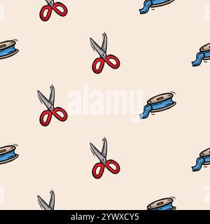 Motivo senza cuciture con forbici e nastro adesivo. Sfondo vettoriale associato a lavori a mano Illustrazione Vettoriale