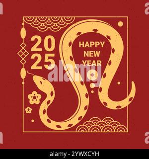 Biglietto di auguri o striscione di buon anno 2025 in stile orientale. Simbolo zodiaco vettoriale del Capodanno cinese. Cornice quadrata con silhouette serpente. Illustrazione Vettoriale