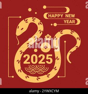 Felice anno nuovo 2025. Biglietto d'auguri vettoriale o banner in stile orientale. Simbolo del serpente su sfondo rosso. Zodiac del capodanno cinese. Illustrazione Vettoriale