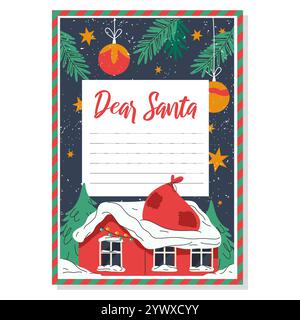 Disegno della lettera a Babbo Natale. Modello vettoriale vuoto. Carta bianca o foglio per la lista dei desideri dei bambini. Cartoni animati o cartoline con decorazioni natalizie. Illustrazione Vettoriale