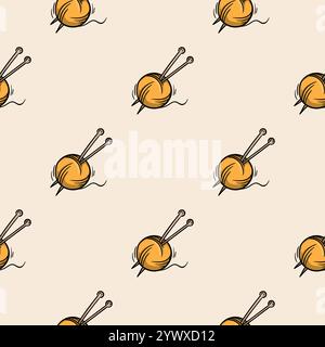 Motivo senza cuciture con una palla di fili di lana e aghi per maglieria. Sfondo vettoriale associato a fatto a mano Illustrazione Vettoriale