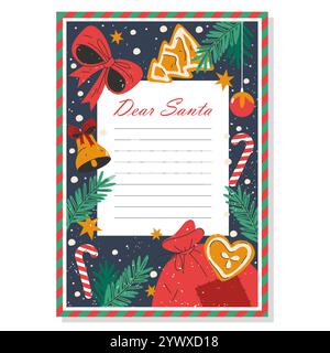 Modello vuoto di lettera a Babbo Natale. Carta vuota vettoriale o foglio per la lista dei desideri dei bambini. Pagina di Natale o cartolina con decorazioni natalizie. Illustrazione Vettoriale