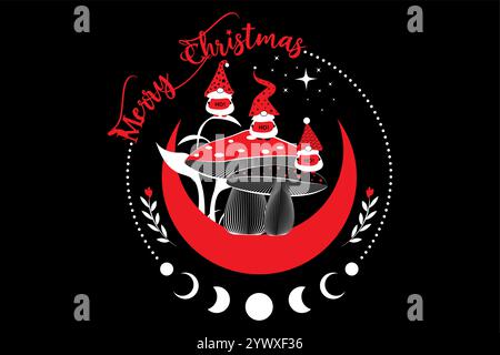 Vacanze di Natale, Gnomi magici nei boschi mistici di funghi sulla luna crescente e stelle. Santa Elf HO HO HO. Fungo esoterico e luna strepitosi Illustrazione Vettoriale