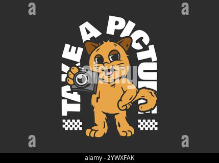 Scatta una foto. Personaggio gatto arancione che regge un disegno illustrativo della fotocamera Illustrazione Vettoriale